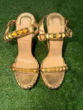 Christian Louboutin Cataclou Metallic Gold Studded Espadrille Wedge Sandals